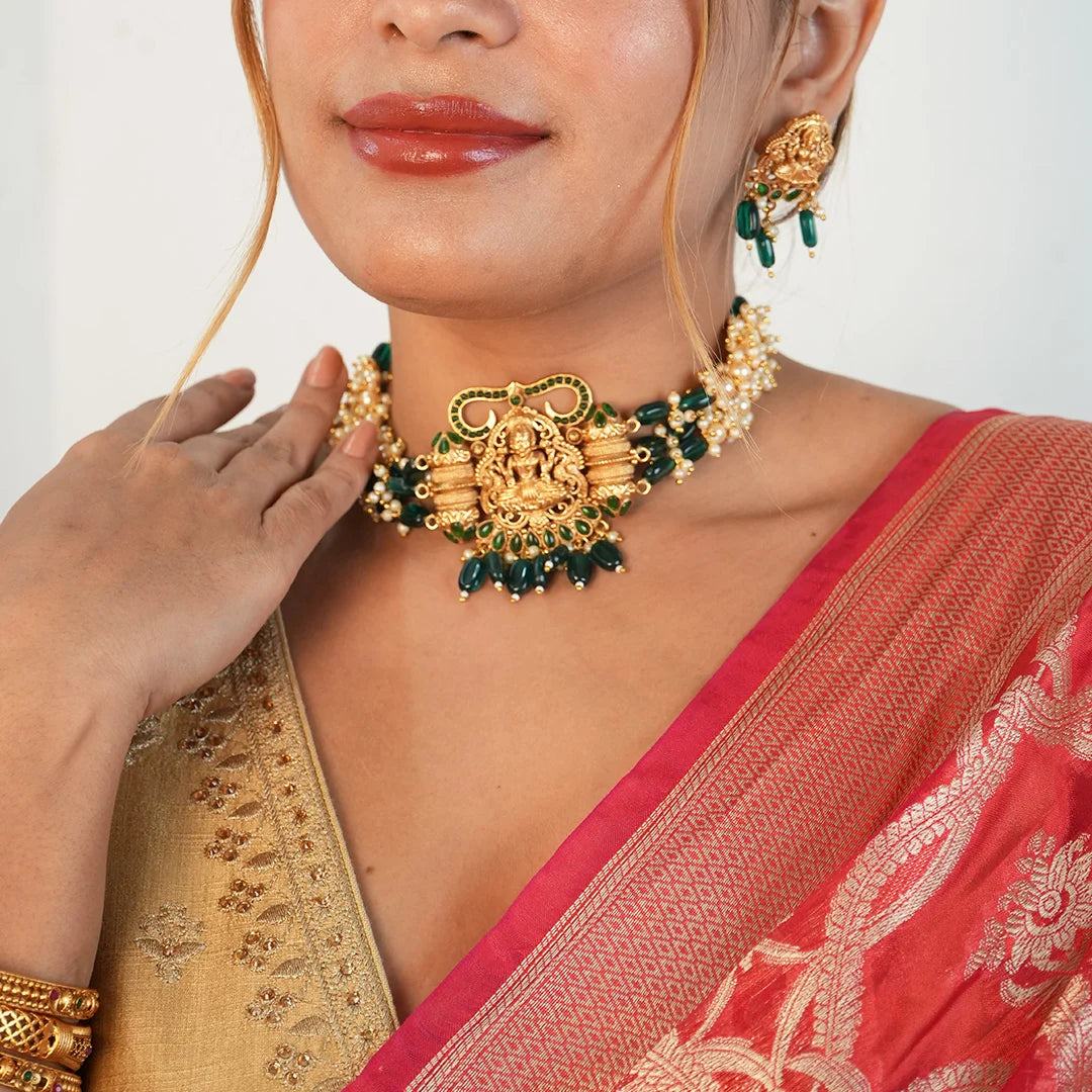 Antique temple choker with green stone & pearl