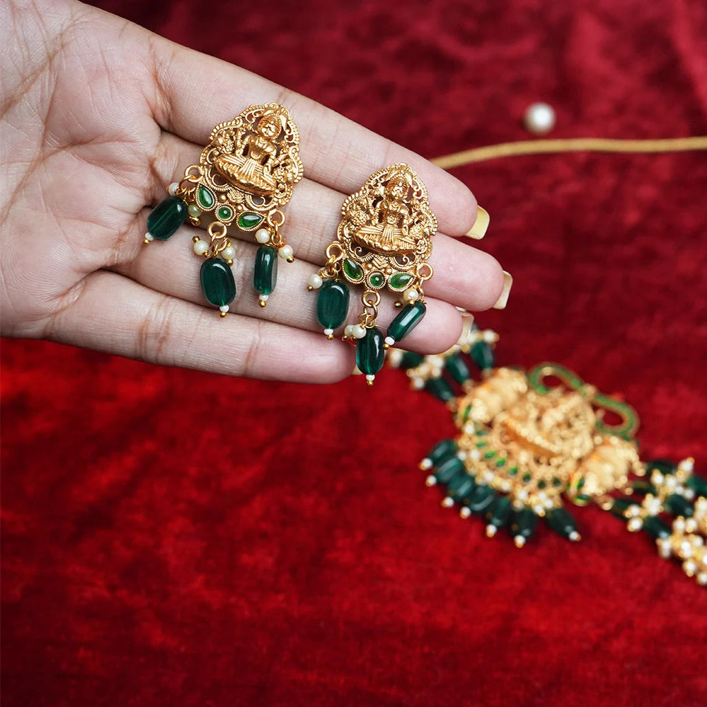 Antique temple choker with green stone & pearl Gehnaya Jewels