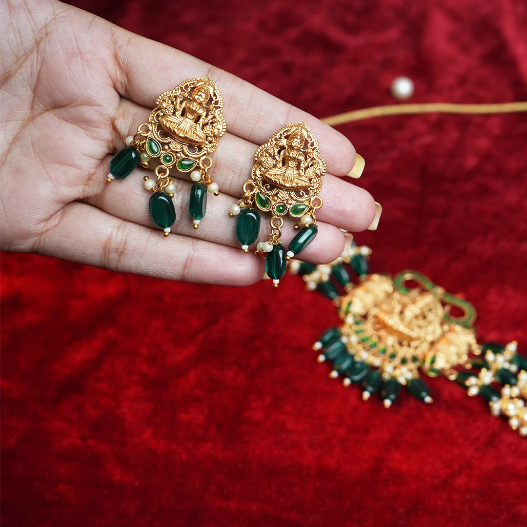 Antique temple choker with green stone & pearl Gehnaya Jewels