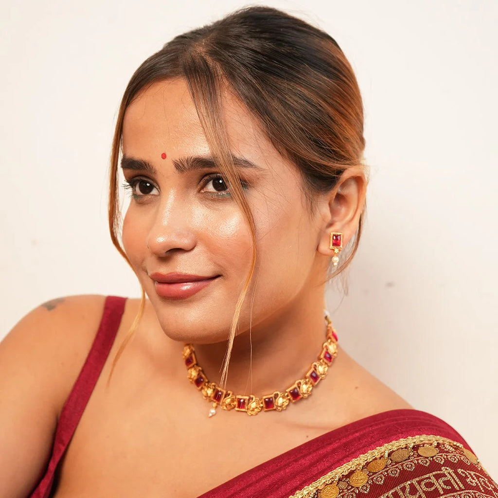 Mayur With ruby Antique Gold Necklace Set Gehnaya Jewels
