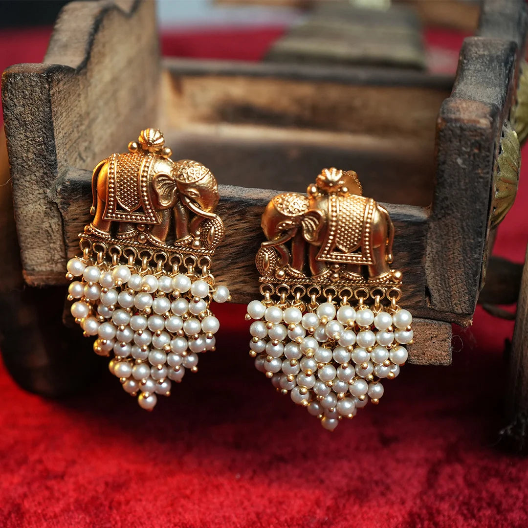 Elephant Earrings with pearl Gehnaya Jewels