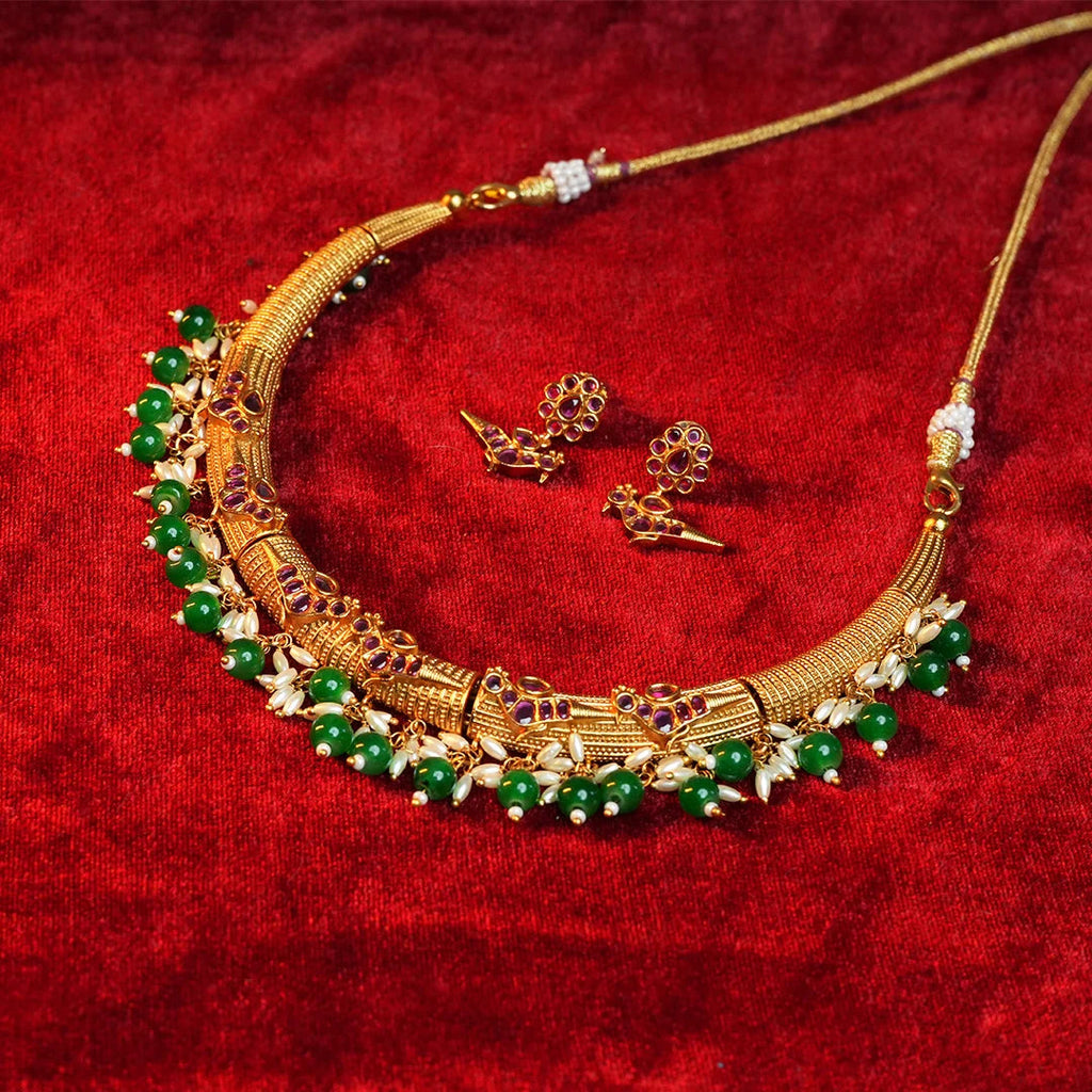Antique gold Necklace with Emerald and Rice pearl hanging Gehnaya Jewels