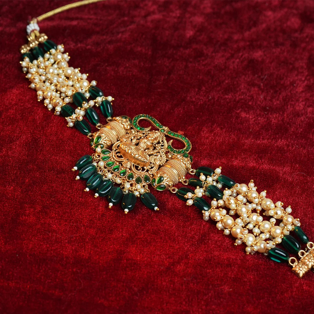 Antique temple choker with green stone & pearl Gehnaya Jewels