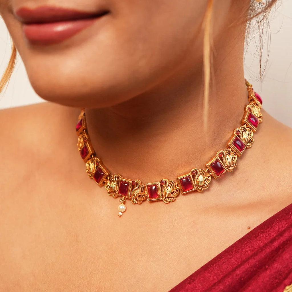 Mayur With ruby Antique Gold Necklace Set Gehnaya Jewels