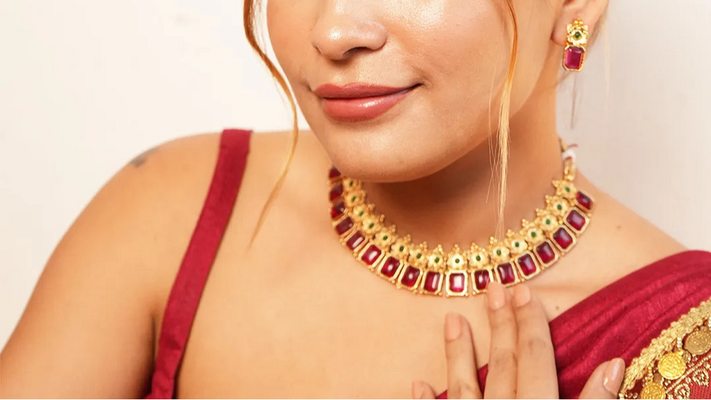 Ruby Flower Necklace Set Gehnaya Jewels