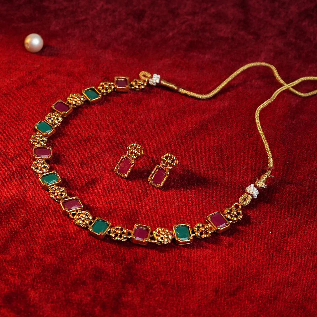 Ruby & Emerald Antique Gold Necklace Gehnaya Jewels