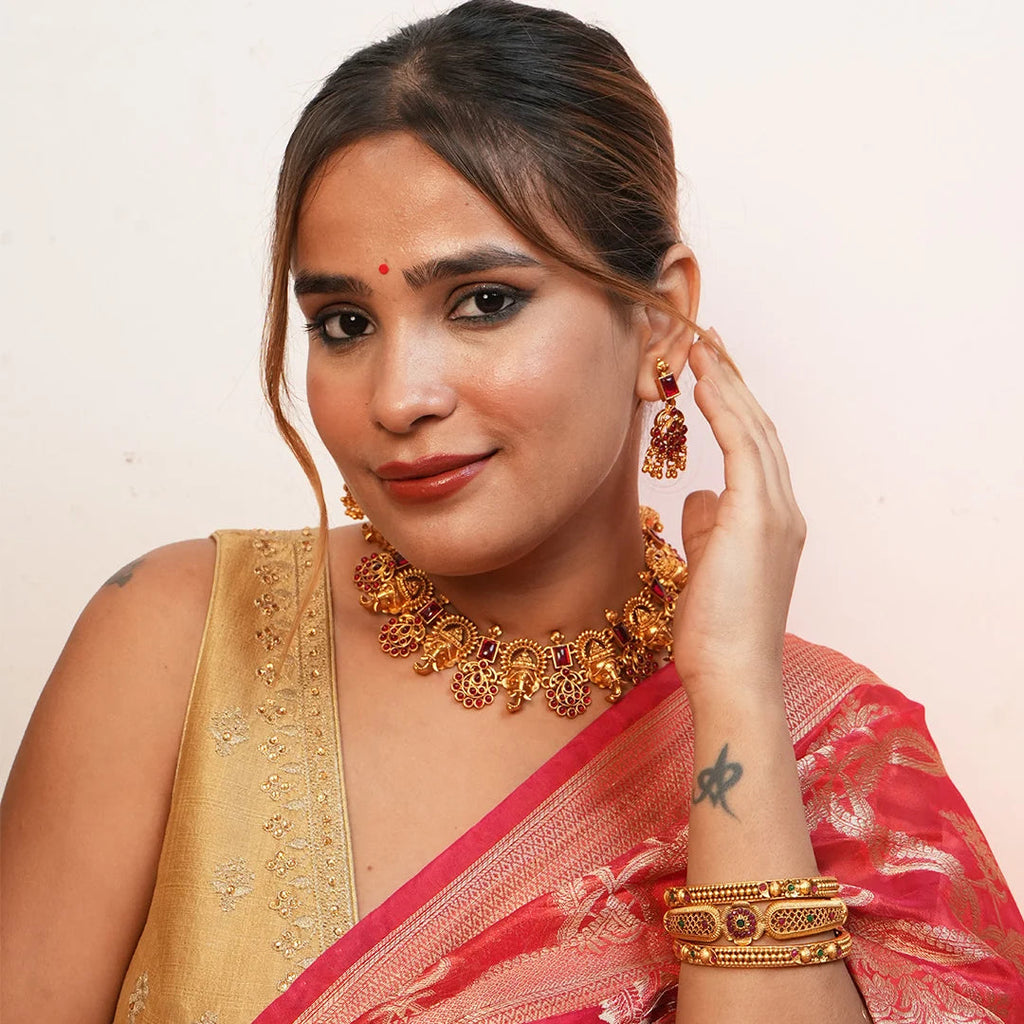 Antique Gold Gajraj Necklace with Ruby Stone Gehnaya Jewels