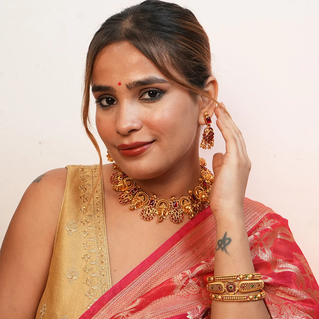 Antique Gold Gajraj Necklace with Ruby Stone Gehnaya Jewels